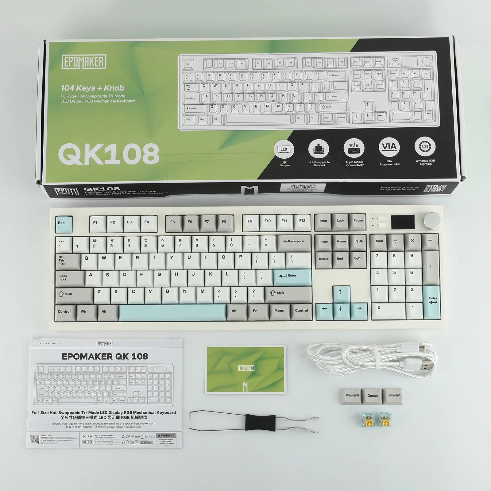 EPOMAKER QK108 100% Full-Sized Layout Wired/BT/2.4Ghz Wireless Mechanical Keyboard with QMK/VIA Custom & RGB Backlights
