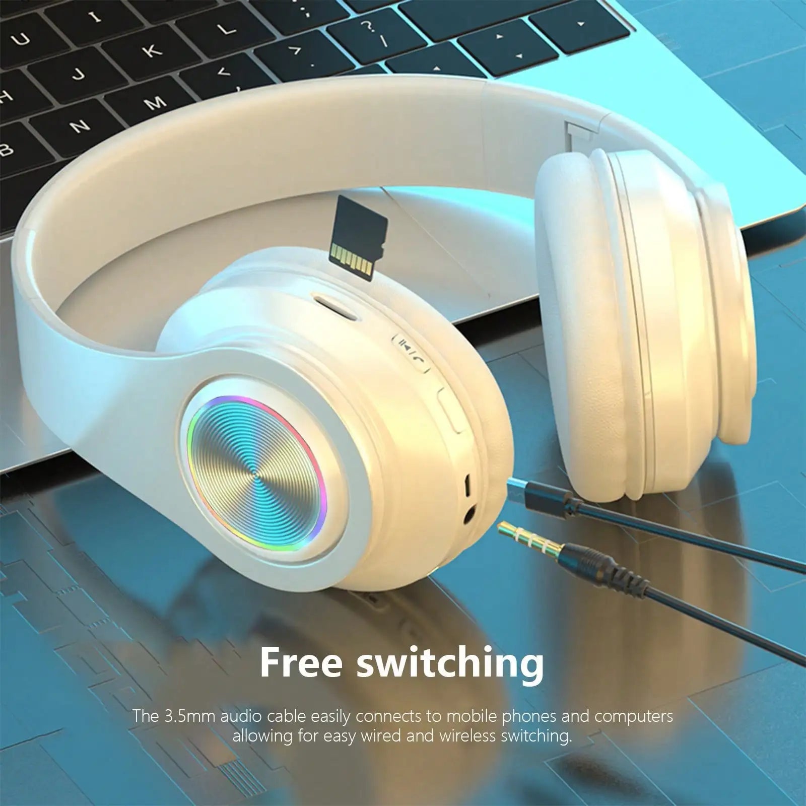 Bluetooth 5.3 Over-Ear Headphones, Active Noise Reduction, Subwoofer Bass, LED Light Design, Foldable Portable Wireless Headset for Gaming, Music, Sports, Phones & Computers