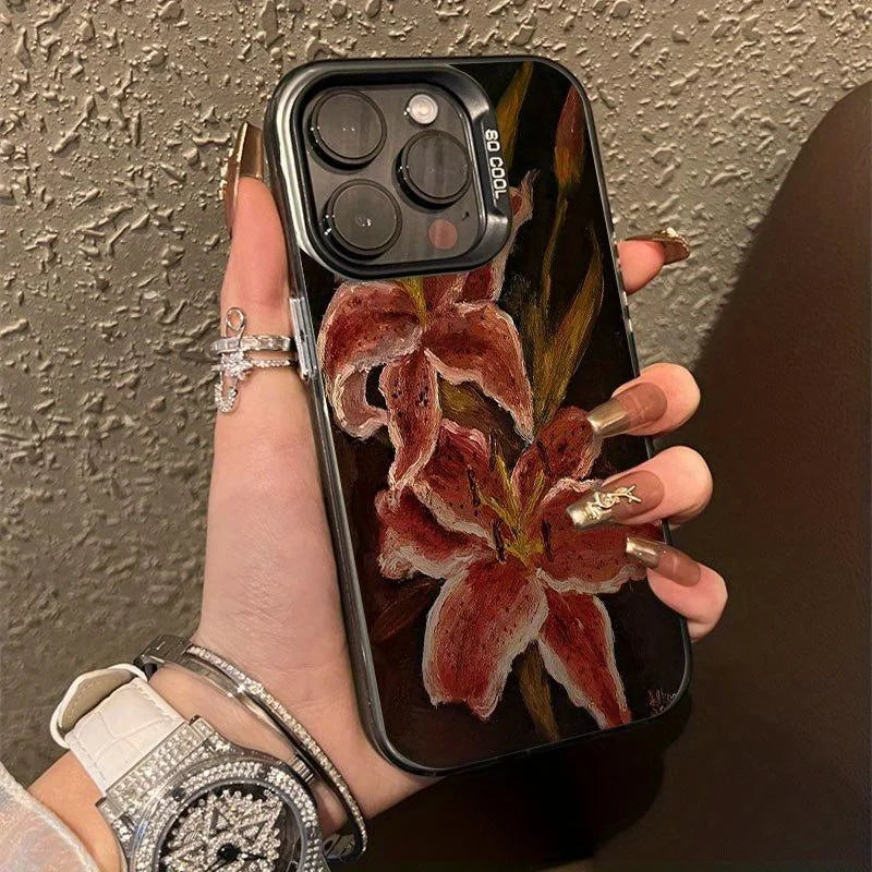 Vintage Lily Pattern Non-Slip Anti-Drip Tpu Phone Case for iPhone 16 15 14 13 12 11