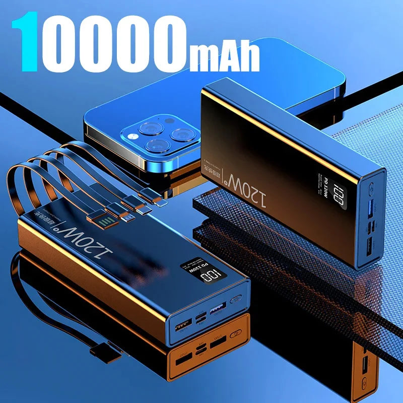 50000mah Power Bank 120W Fast Charging Built-in Cable External Large Battery Portable Charger For iPhone Samsung Xiaomi