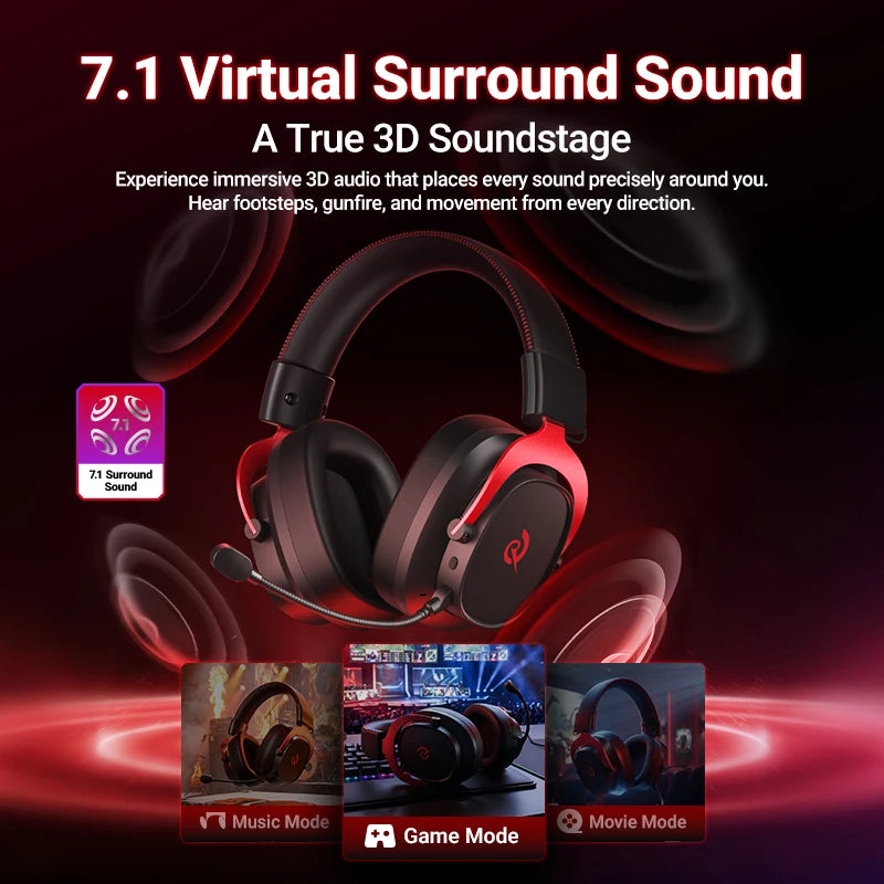 QCY Heroad VT200 Wireless Gaming Headset Detach Mic Over ear Headphone Tri-Mode 7.1 Surround Sound for PC/PS4/PS5 Headset Gamer
