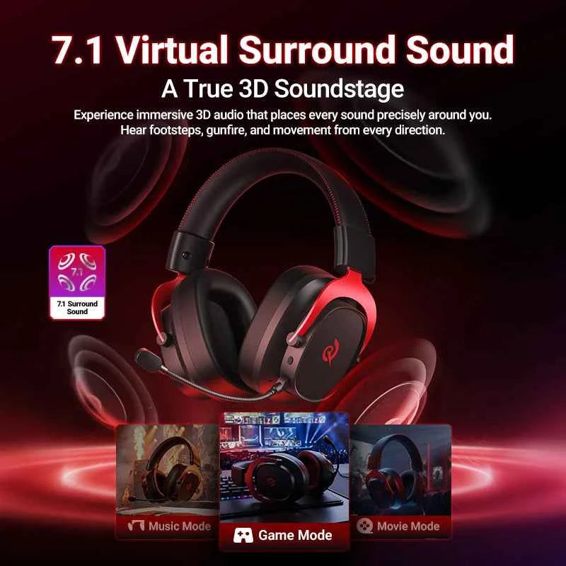 QCY Heroad VT200 Wireless Gaming Headset Detach Mic Over ear Headphone Tri-Mode 7.1 Surround Sound for PC/PS4/PS5 Headset Gamer