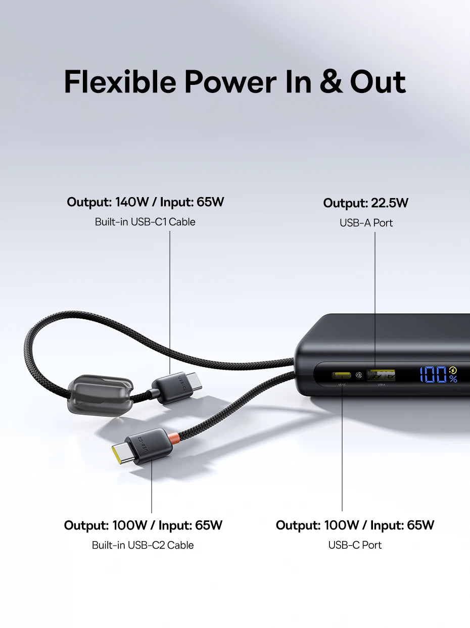 Baseus 145W Power Bank 25000mAh Fast Charging Built-In Type-C Cable Portable Battery Charger for iPhone Samsung MacBook Tablet