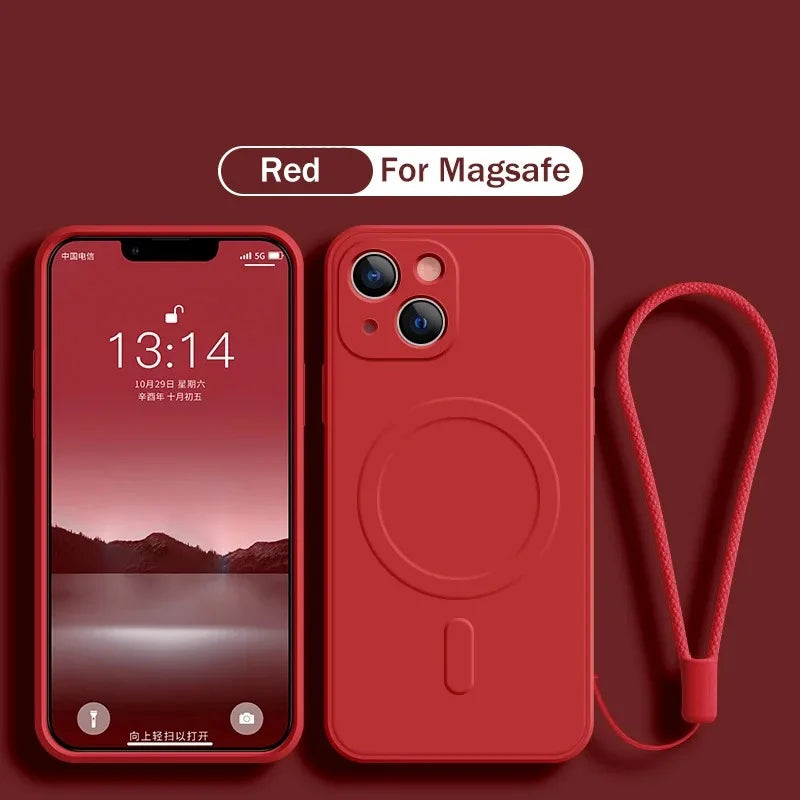 For Magsafe Magnetic Wireless Charge Case for IPhone 15 16 14 13 12 11 Pro Max Mini XR XS Plus Soft Liquid Silicone Strap Cover
