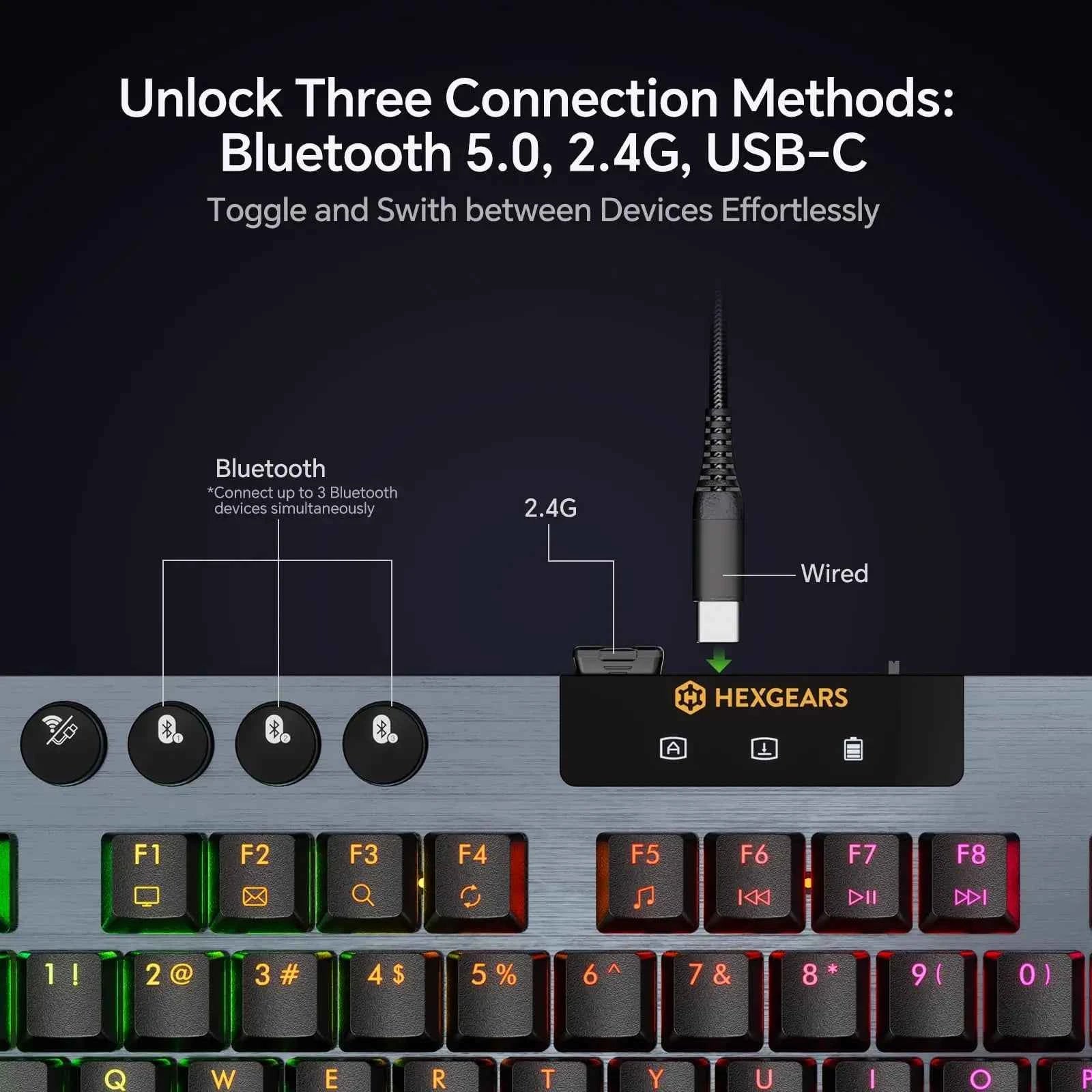 HEXGEARS A3 Bluetooth/2.4GWirless/Type-C Wired Mechanical Keyboard 87 Key RGB Hot Swap Kailh Switch Gaming Keyboard Mechanical