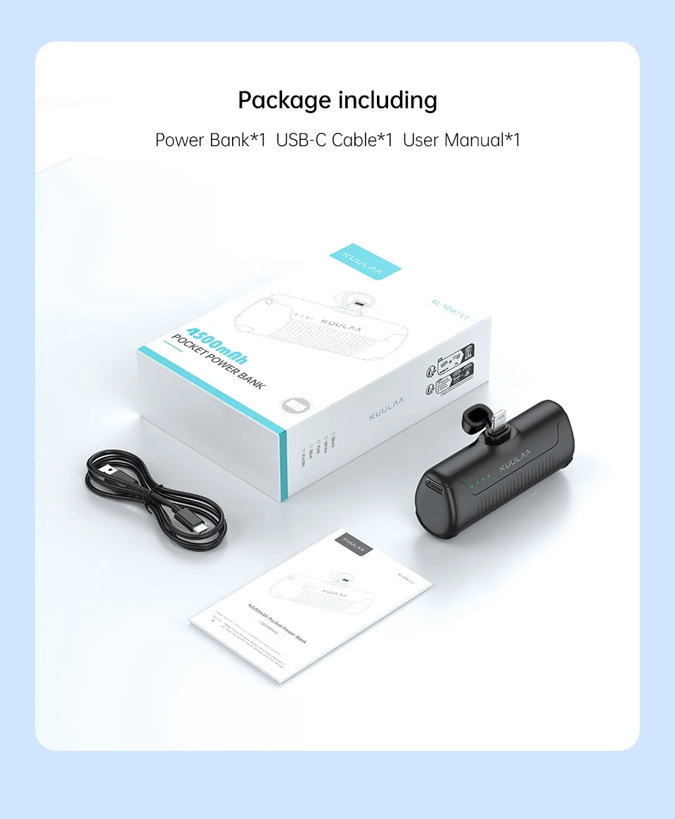 KUULAA Mini Power Bank 4500mAh - Portable Charger for iPhone17 16 15 14 13 Pro Max & Samsung/Xiaomi - External Battery PowerBank