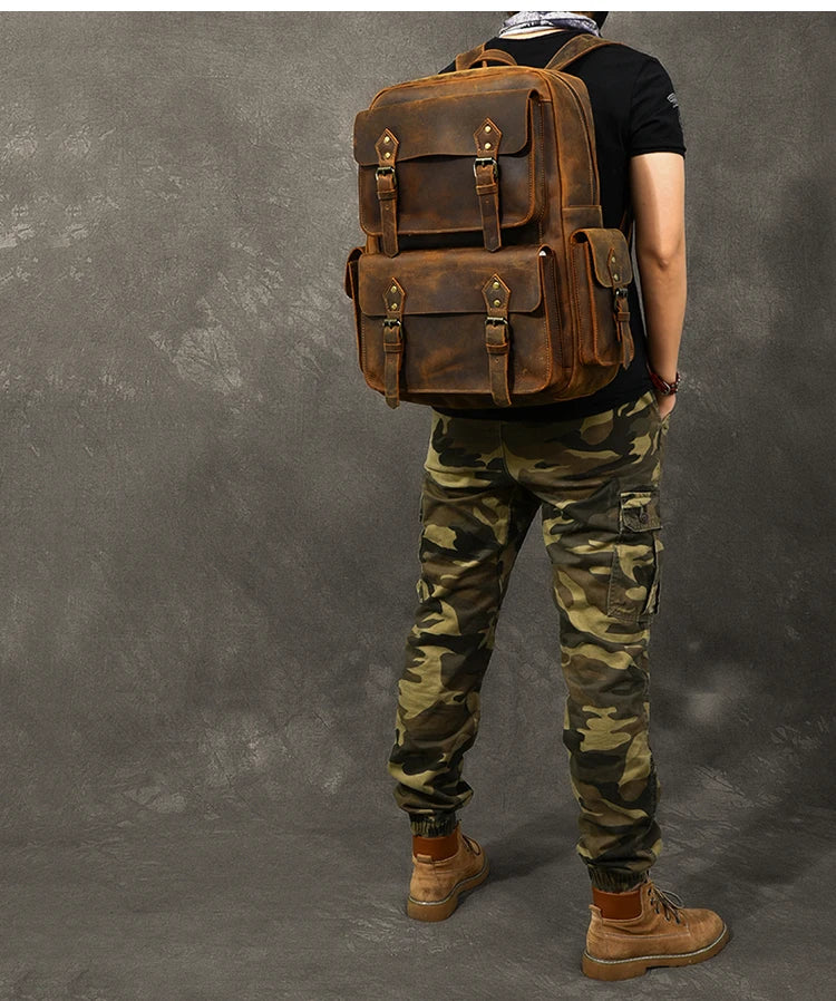 Vintage Crazy Horse Genuine Leather Backpack Men Bagpack Cowhide Hiking Backpack 17