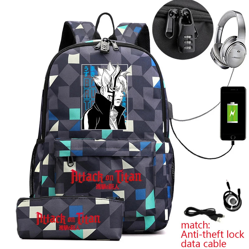 Attack on Titan Anime Print School Backpack Anti-Theft Laptop Bag for Boys Girls with Pencil Case