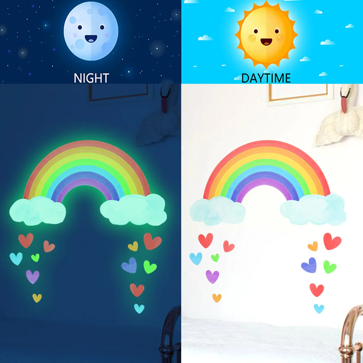 Cartoon Luminous Wall Stickers Glow In The Dark Fluorescent Rainbow Wall Decal For Kid Rooms Bedroom Ceiling Nursery Home Decor