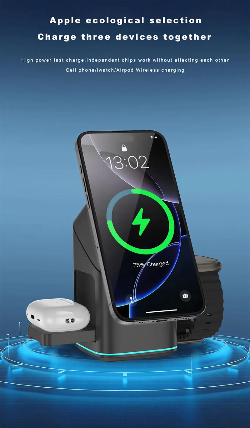 Qi2 15W 3-in-1 Magnetic Wireless Charger Stand Fast Charging For iPhone 14 15 16 17/AirPods Charger Touch Auto Rotation