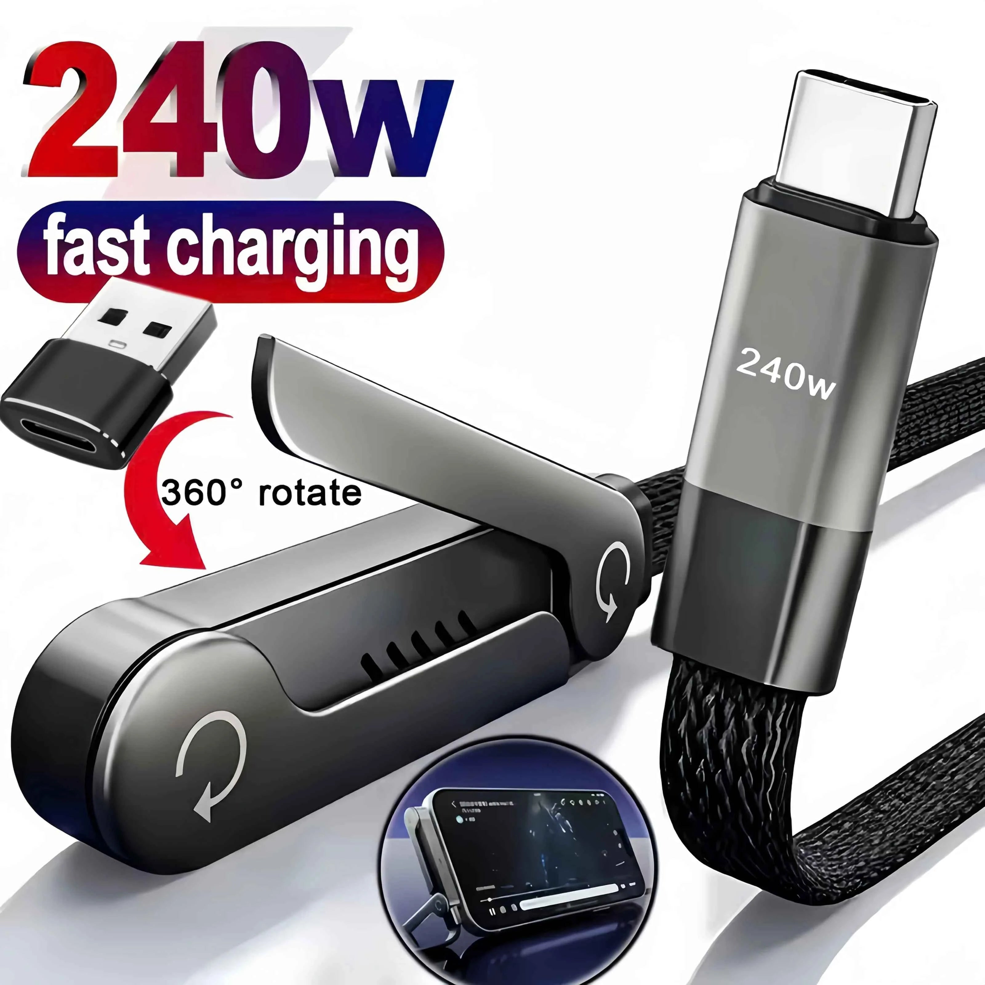 Foldable Charging Cable With Integrated Stand Fast Charging Cable Phone Tablet 240W Ultra-Fast Data Cable Phone Holder