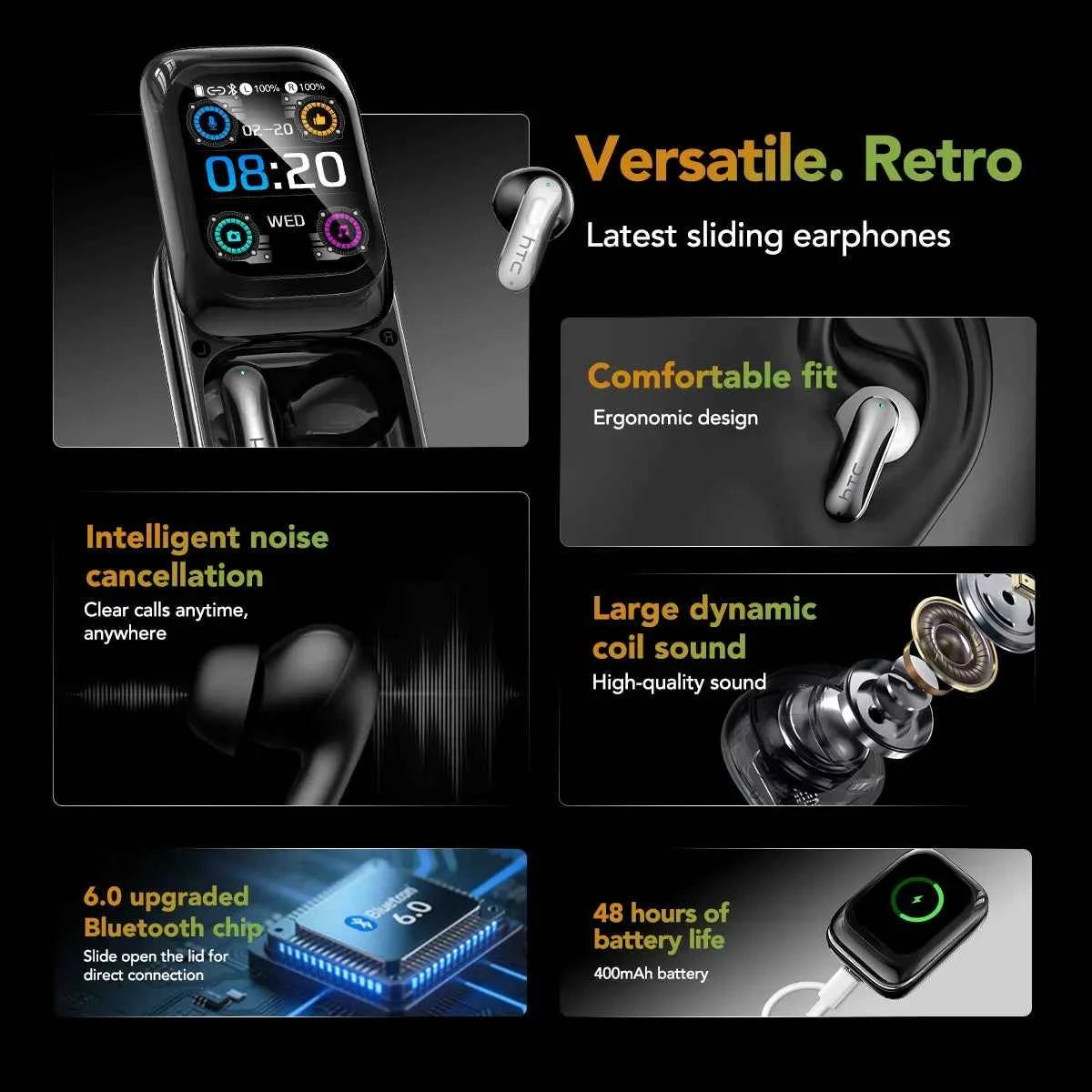 HTC NE48 Slider Headphones Wireless with a Colorful HD Display Touch Control In-Ear Bluetooth Earphones AI Translation Earbuds