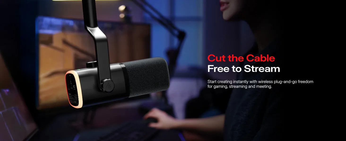 MAONO PD100W Wireless Dynamic Microphone Cardioid Dynamic Mic 50m Range One-Touch Noise Reduction RGB for Gaming Live Streaming