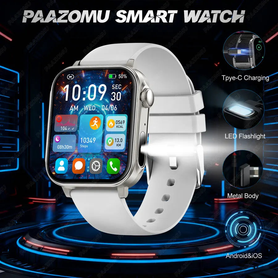 2025 New Smart Watch Men Women Type-C Charging Heart Rate LED Flashlight Bluetooth Call IP68 Waterproof SmartWatch for Android