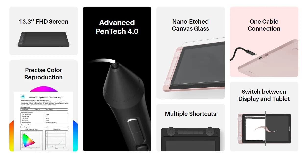 Huion Kamvas 13 GEN3 Graphics Tablet with Screen 13.3 Inch Monitor 16K Levels PenTech4.0 Digital Pen Display for Drawing Design