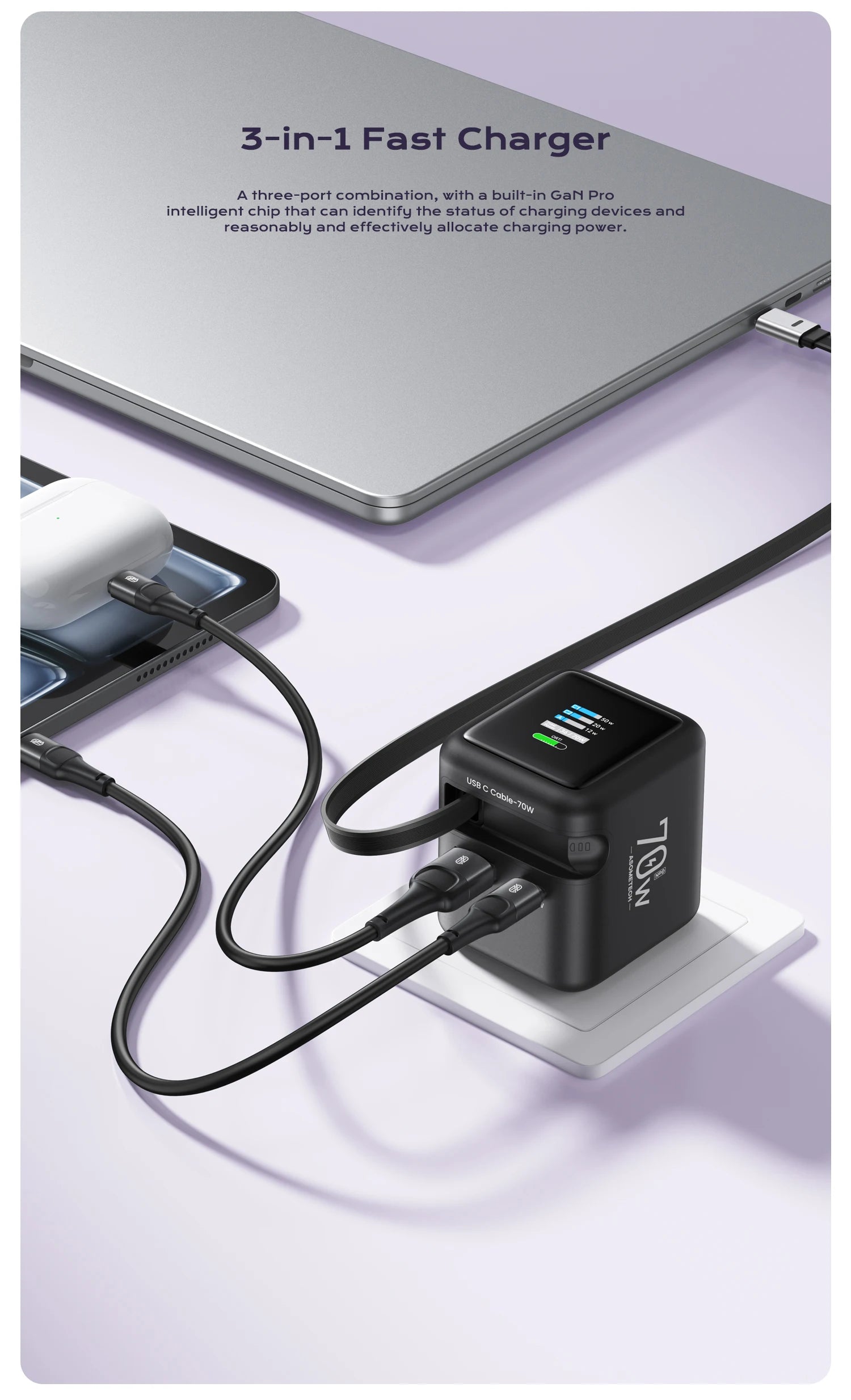 ASOMETECH 70W GaN Charger With Retractable Type C Cable 45W PD QC PPS Travel Charger for iPhone 16 Laptop Macbook Tablet Samsung