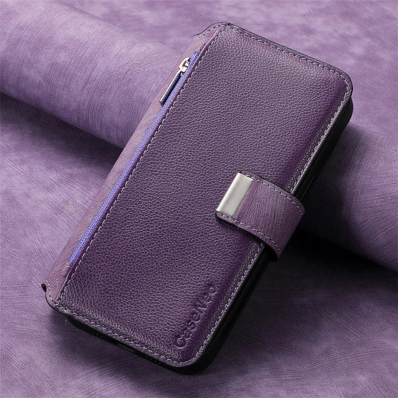 For iPhone 15 14 13 12 11 XS Max XR 8 7 6 Plus Wallet Case, Zipper Storage Design, Detachable Magnetic Flip Folio Cover