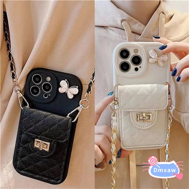 For Samsung Galaxy S23 S22 S21 Plus Ultra FE M32 F22 M31 Prime F41 F23 M23 F62 M62 Wallet Butterfly Case + Braided Long Lanyard