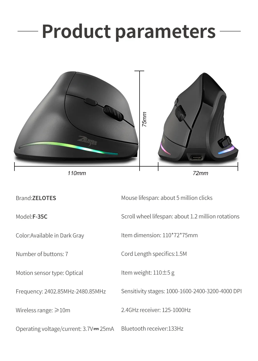 Lefon 2.4G Ergonomic Wireless Mouse Rechargeable Vertical Mouse Gaming Mice for PC Laptop MacOS Office F35C/F35B/F35 Model 버티컬 마