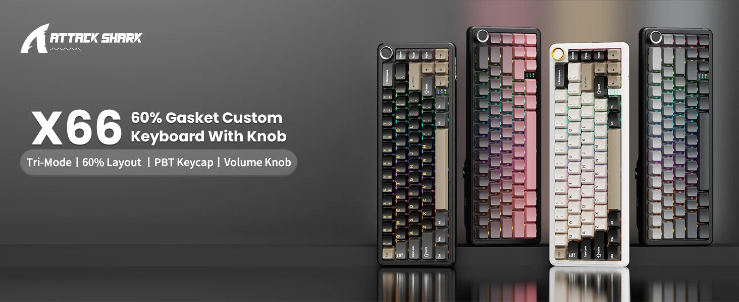 ATTACK SHARK X66 65% Wireless Mechanical Keyboard with Knob, 66 Keys Tri Mode Gasket Hot Swap RGB Gaming Keyboard 60 Percent,PBT