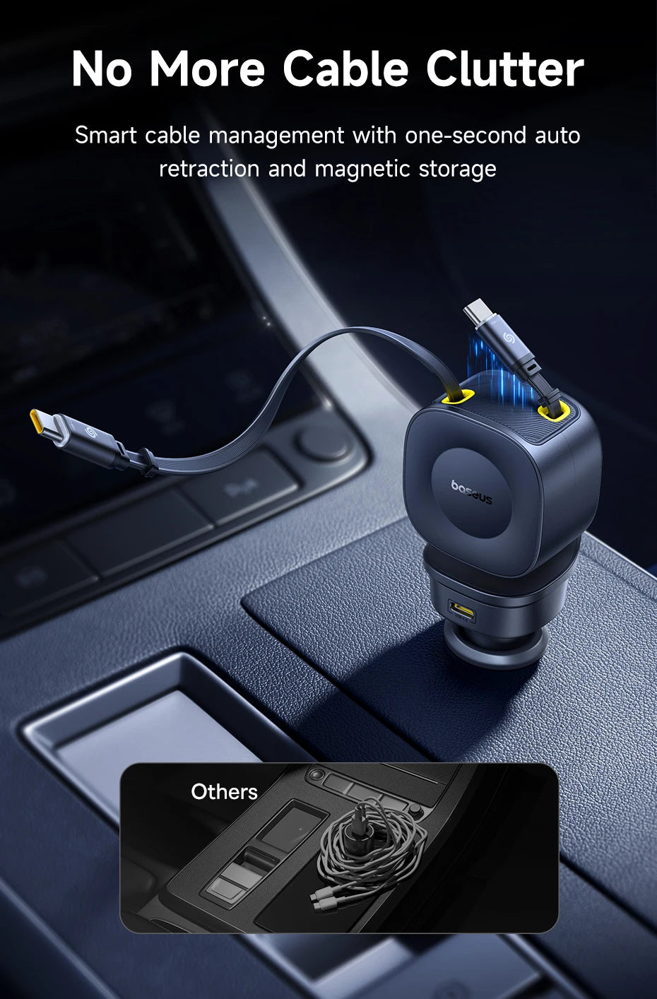 Baseus 240W Car Charger 4 Ports Built in Retractable Cable Fast Charging USB Type-C Car Phone Charger For Samsung iPhone Xiaomi