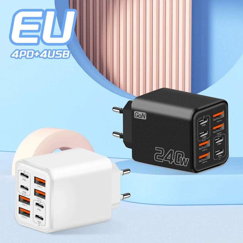 240W GaN USB C Charger 8 in 1 Fast Charging Phone Charger Power Adapter For iPhone Xiaomi Type C EU/US/UK Plug Wall Charger