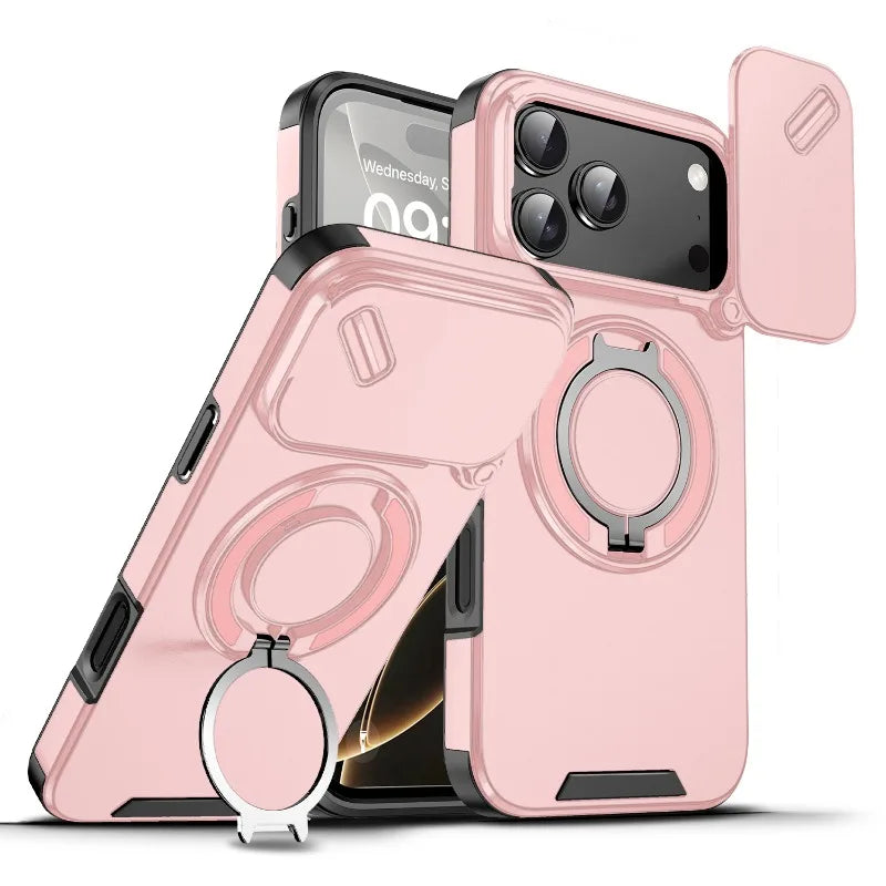 Luxury Heavy Duty Rugged Armor Magnetic Bracket Case For iPhone 17Air 16 15 14 17 Pro Max Plus Slide Camera Protection PC Cover