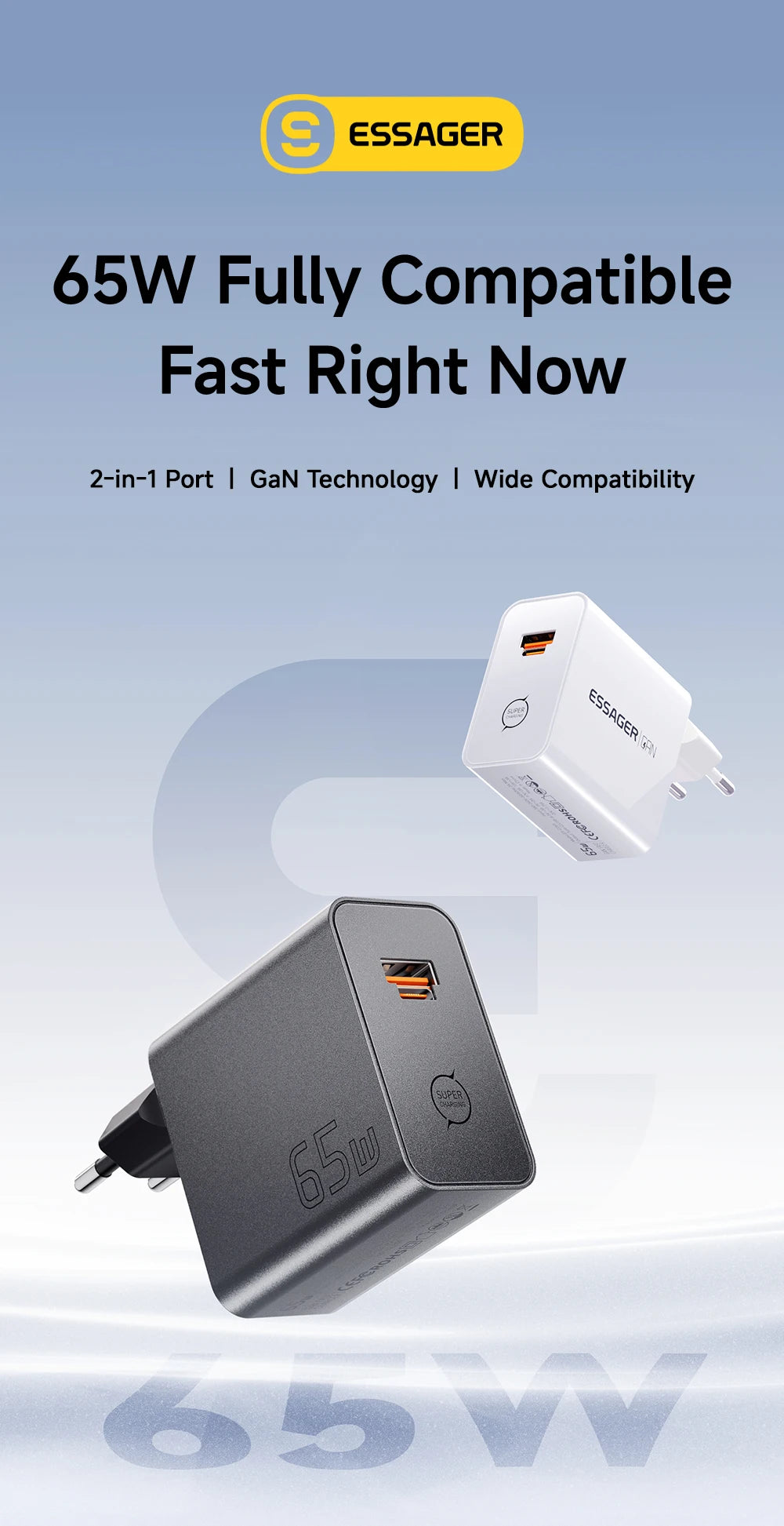 ESSAGER 65W GaN Charger PD3.0 PPS QC4.0 Fully Compatible for iPhone 17 16 Samsung S26 MacBook Air Huawei Laptop PD Fast Charger