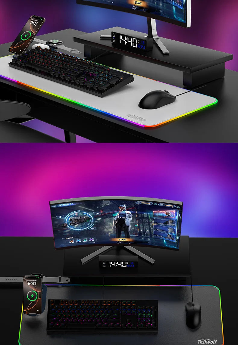 15W 3 in 1 Wireless Charging Mouse Pad Customized Desk Pad Fantasy Glowing Game Pad Rubber Cloth Mouse Pad Super Large Mat