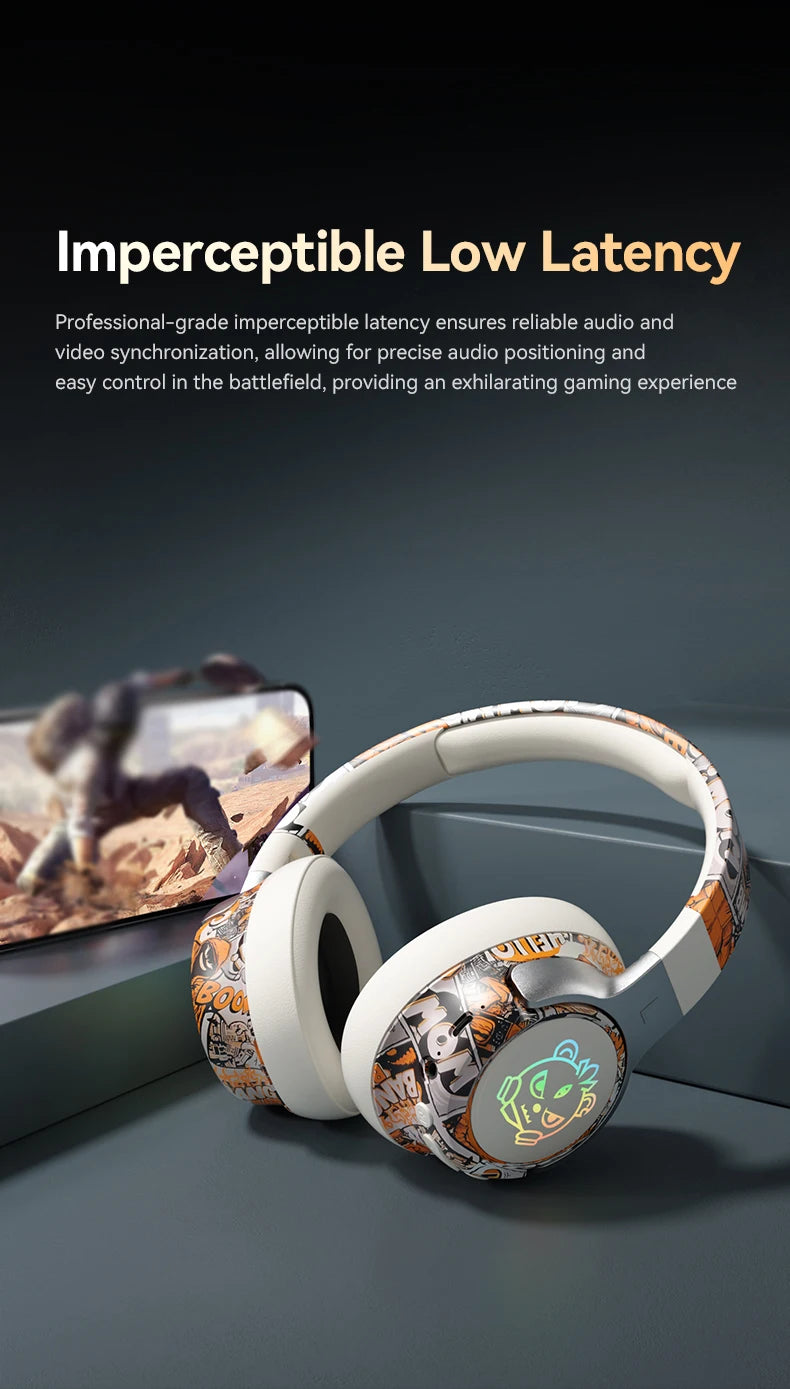 SY-T12 Graffiti LED Light Up Wireless Headphones Over Ear Foldable 3D Earpads Bluetooth 5.4 Headset For Gaming Sports
