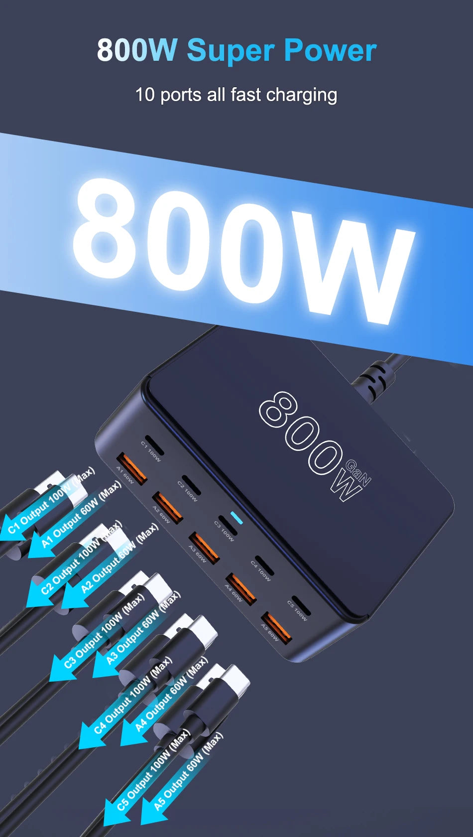 800W USB C GaN Charger 100W PD3.0 PPS QC3.0 Multiport Fast Charging Station for iPhone 15 16 Samsung Macbook Pro Laptops Tablets