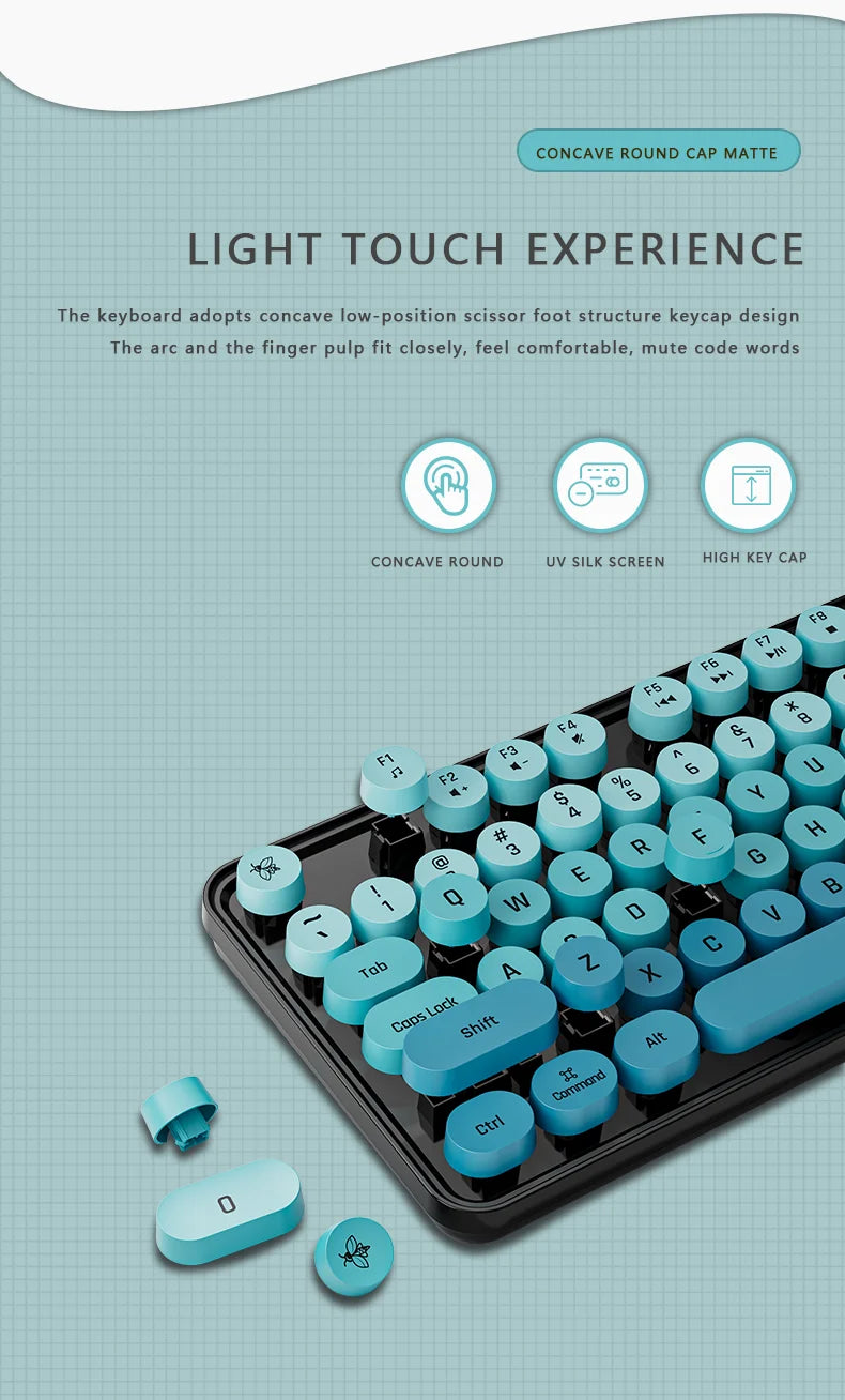 104 Keys 2.4G Wireless Gaming Keyboard and Mouse Combo,Cute Retro Round Keycap Ergonomic Keyboard,With Multimedia function keys