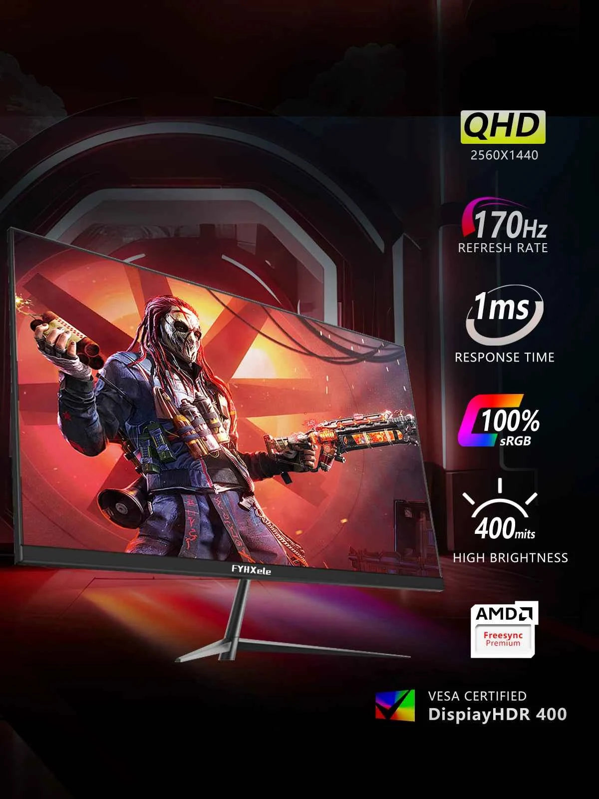 FYHXele 27 Inch Monitor 170hz 2K Gaming Display 1ms ADM-Free Sync 8 Bits 99%sRGB IPS Desktop LED Display HDMI DP HDR400