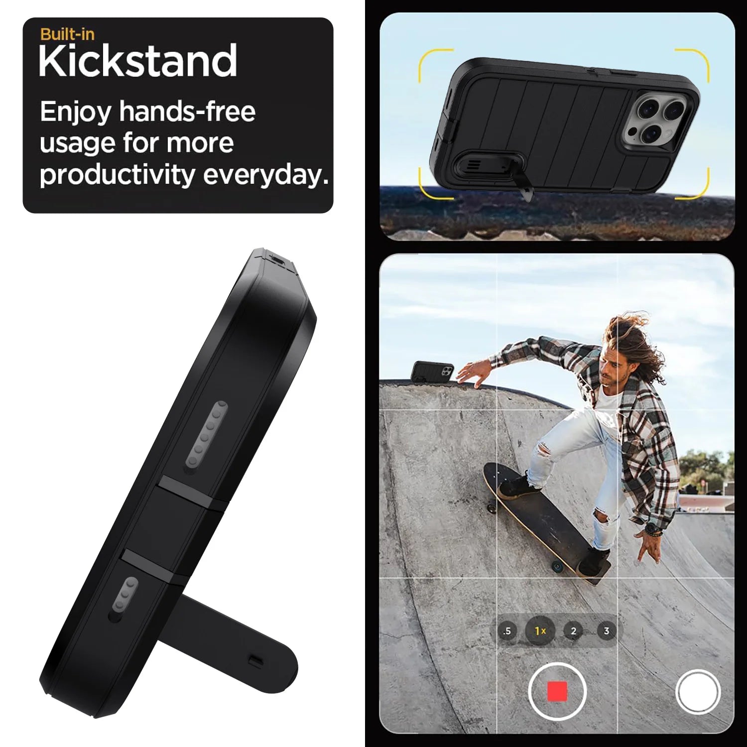 For iPhone 13/iPhone 13 Pro/iPhone 13 Pro Max 5G 3-Layers Heavy Duty Protective Kickstand Phone Cover Black Case