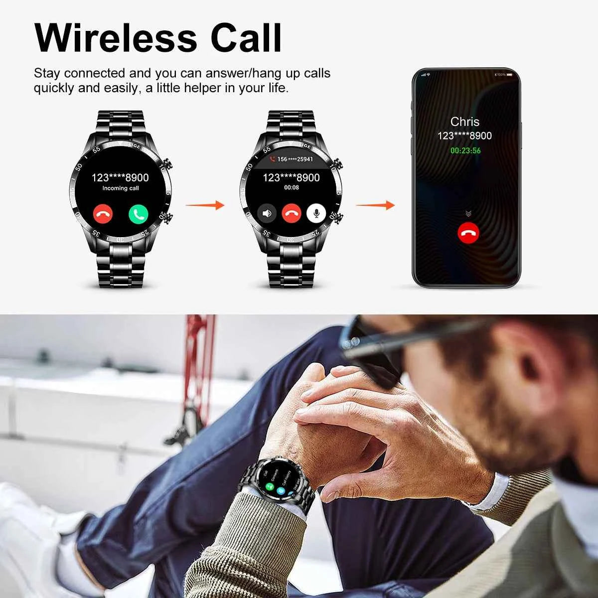 LIGE Men's Fashion Smart Watch Full Touch Bluetooth Call Waterproof Sport Fitness Tracker Luxury Steel Band Smartwatch for Adults