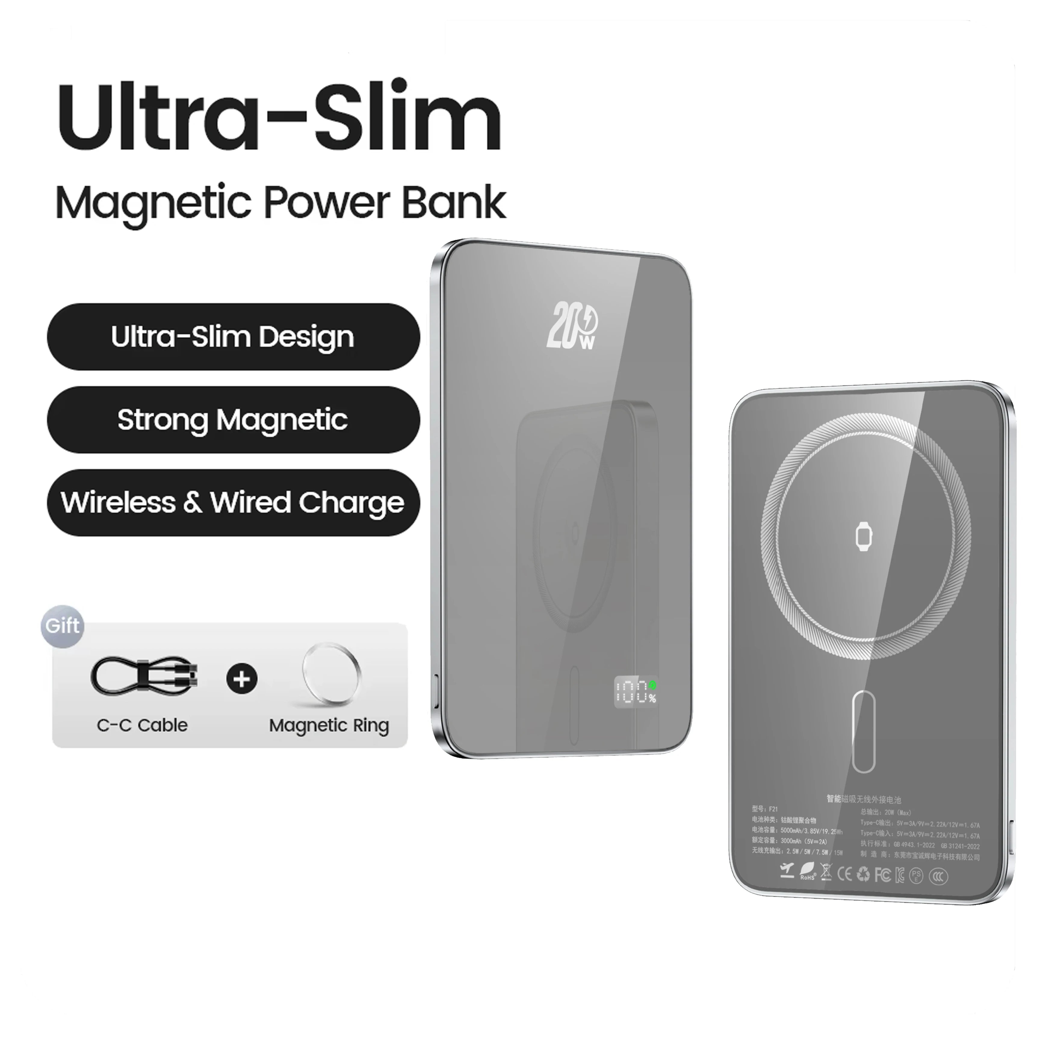 10000mAh Magnetic Power Bank 20W Wireless Powerbank Slim Portable Battery Charger for MagSafe iPhone 16 15 14 13 iWatch Samsung