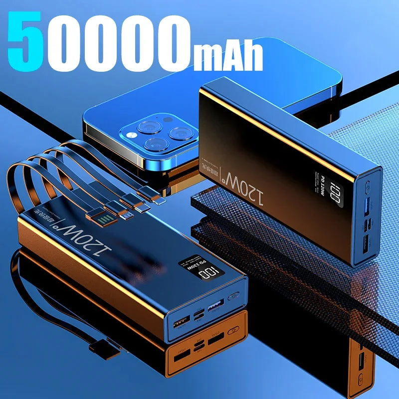 50000mah Power Bank 120W Fast Charging Built-in Cable External Large Battery Portable Charger For iPhone Samsung Xiaomi