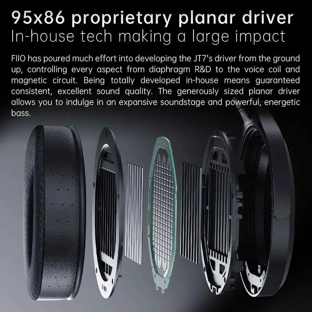 FiiO JT7 Over-Ear Planar Magnetic Audiophile Headphones with 95x86mm Planar Driver design,Adjustable Headband,4.4mm/3.5mm Cable