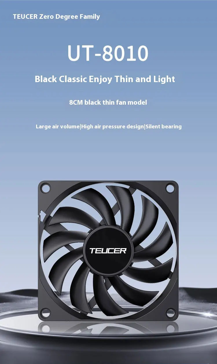 TEUCER UT-8010 Slim 80MM PC Case Fan 800-3000RPM Intelligent Temperature Control 8CM Thickness 10mm Black Cooling Fan