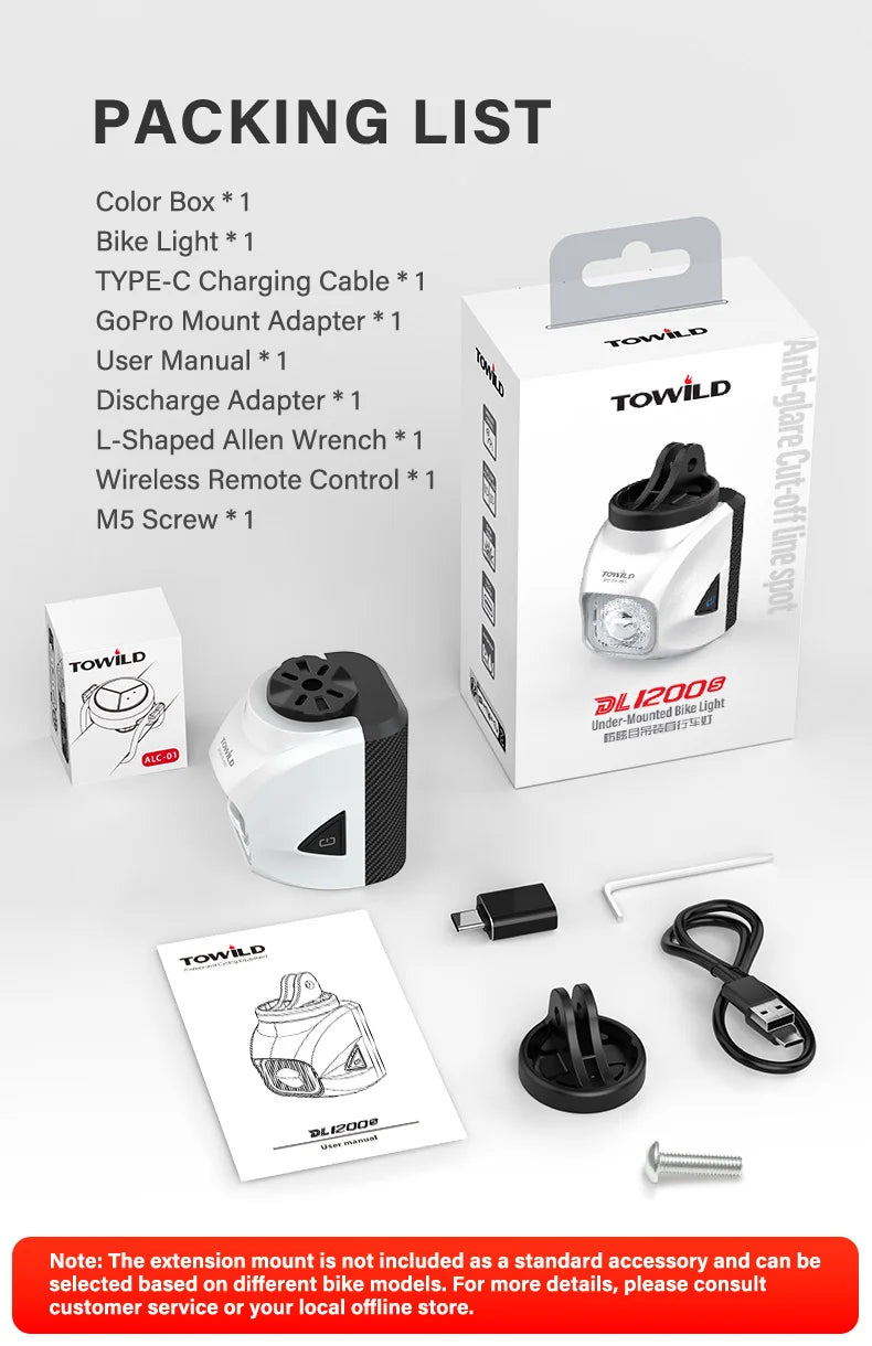 TOWILD DL1200S/DL1700 Bicycle Light With Cut-Off Line Beam1900LM Rechargeable Bike Front Light Power Bank Mtb Cycling Headlights