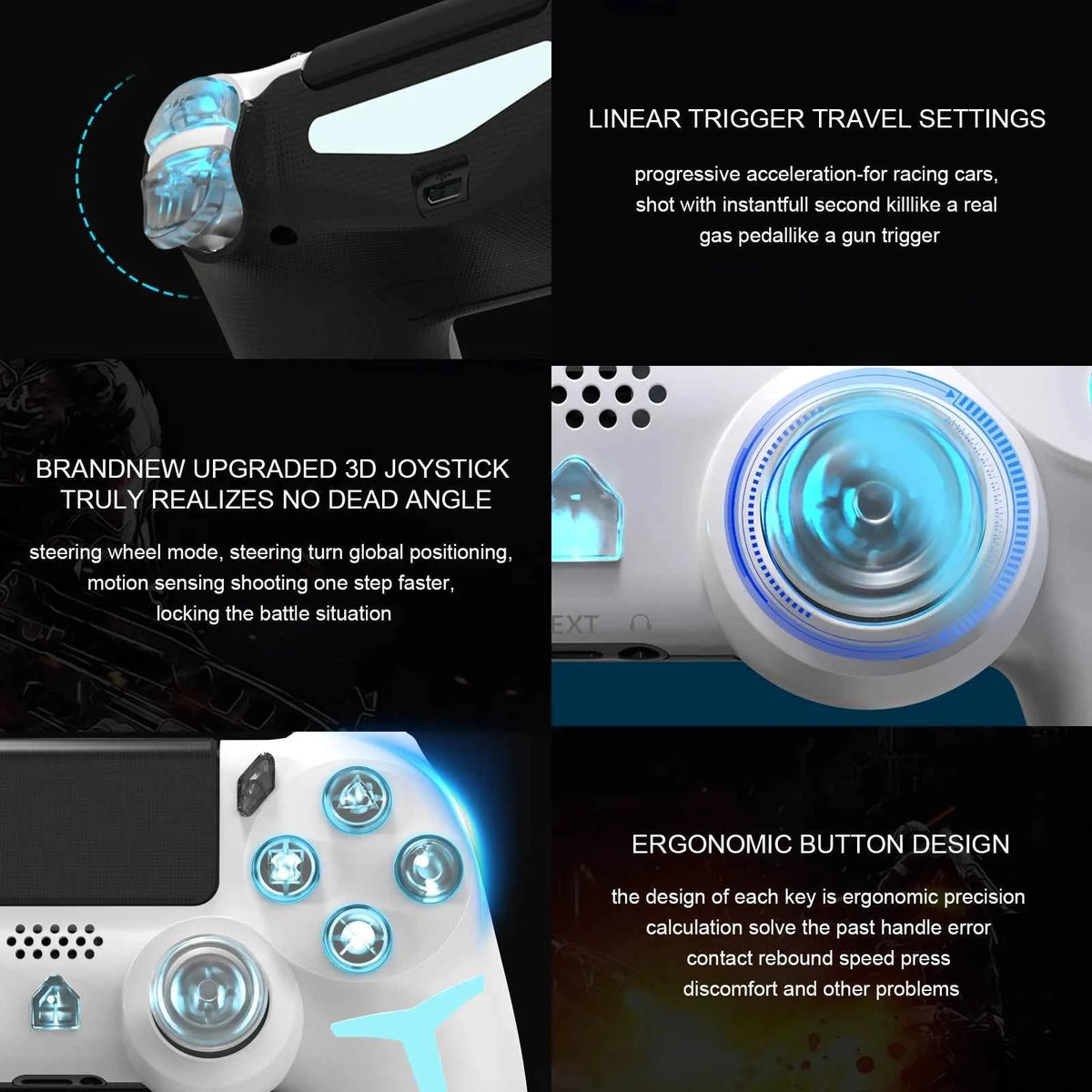 GAMINJA Wireless Game Controller For PS4 PS3 Console Computer PC RGB Light LED Bluetooth Gamepad 6-axis Gyroscope Dual Vibration