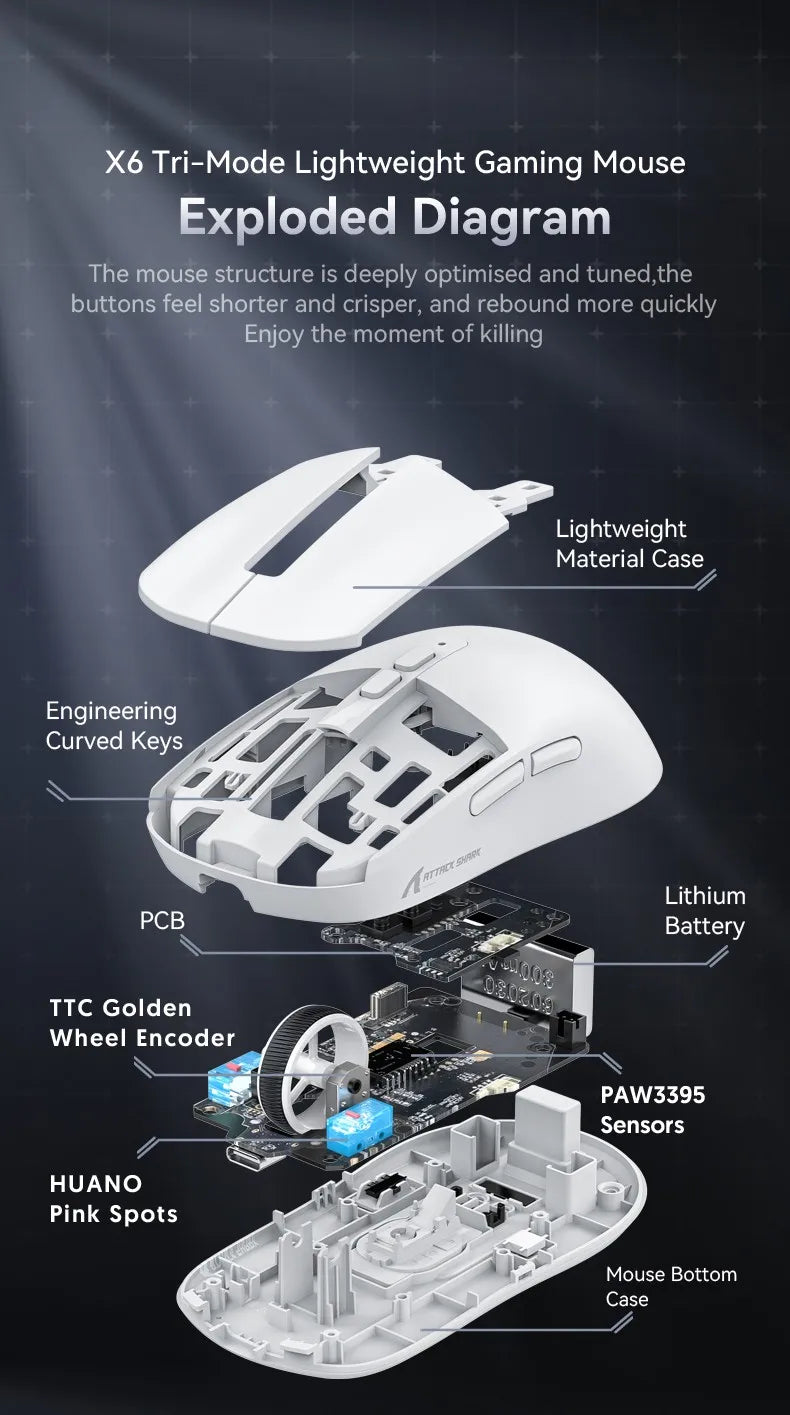 ATTACK SHARK X6 Wireless Macro Gaming Mouse PAW3395 26000 DPI Tri-Mode Wired/2.4G/BT5.2 Connection Magnetic Charging Base Mouse
