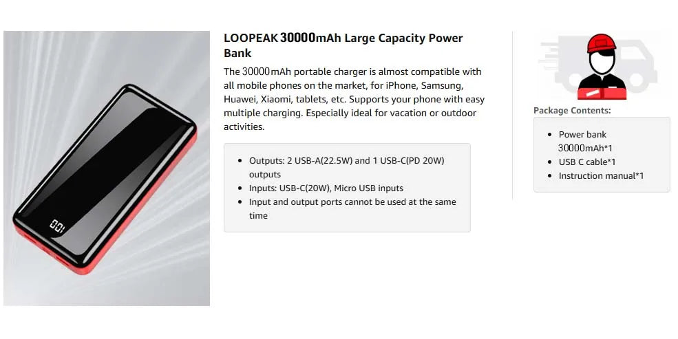 Portable Charger 30000mah Power Bank, USB-C (22.5W) Fast Charging Battery Pack Portable Phone Charger