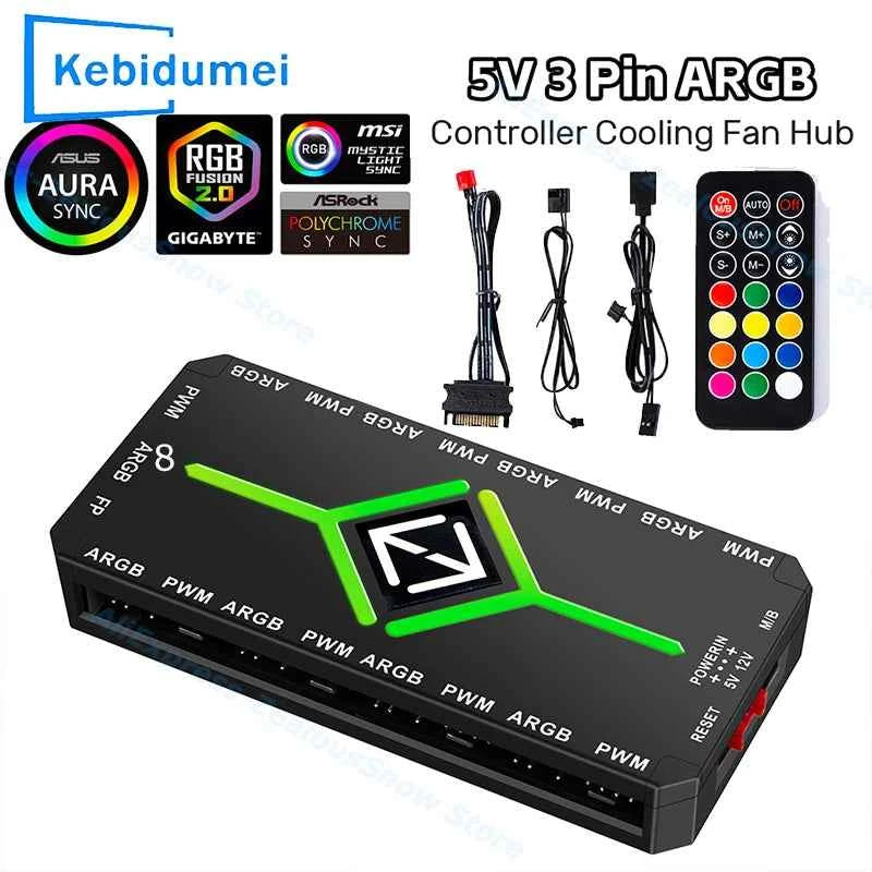 3 in 1 5V 3 Pin ARGB Controller Cooling Fan Hub 4 Pin PWM Magnetic Suction Hub PWM Fan Hub 1To9 Ports for Computer PC Case Fan