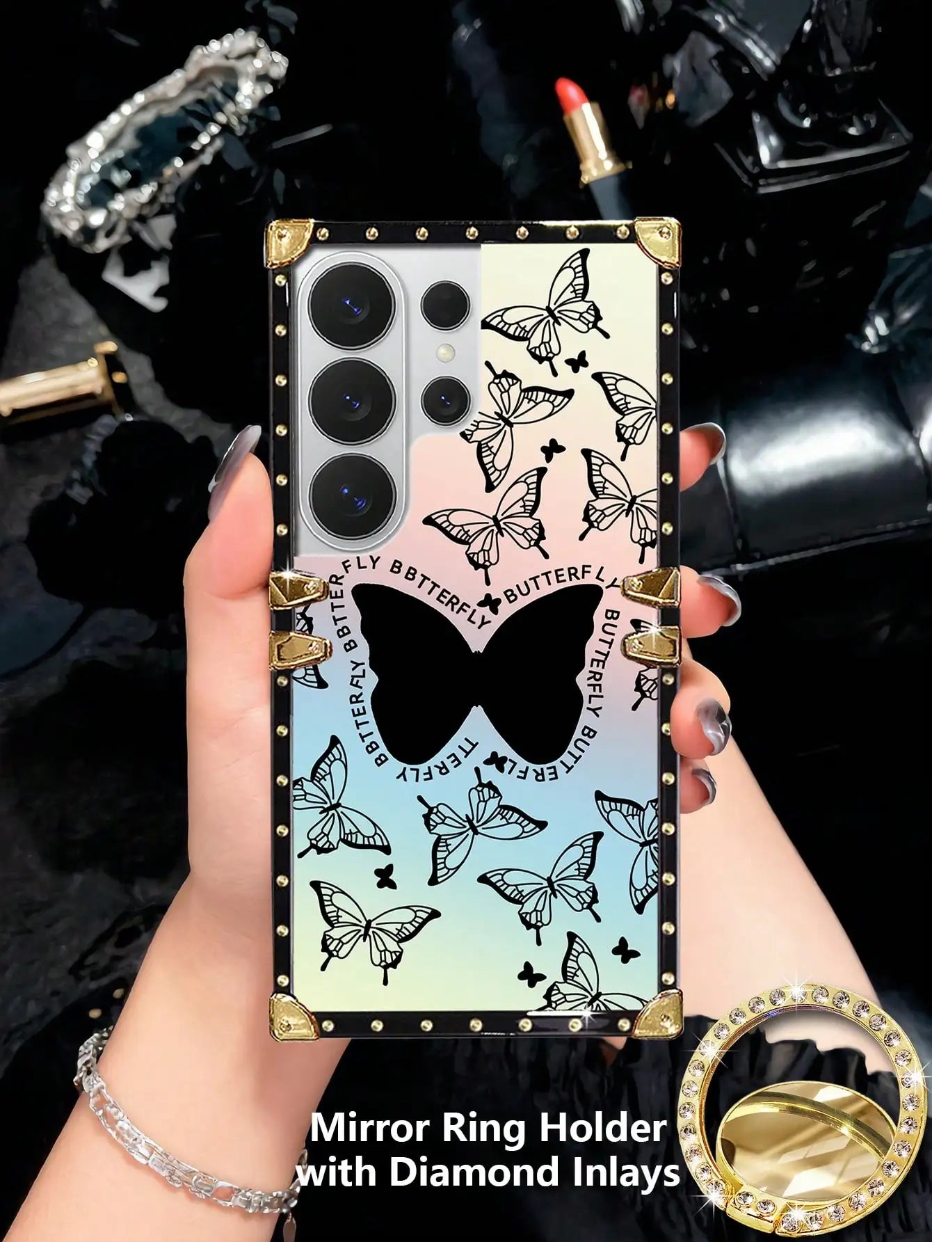 1pc Non-3D Pattern, 2D Rectangular Sheep Leather Texture Rhinestone Butterfly & Floral Contrast Color Edging Shockproof Phone Case, Compatible With Samsung S26 Ultra/S26/S26 Plus/A57 5G/A37 5G And 17 Pro Max/17 Air/14 Pro Max