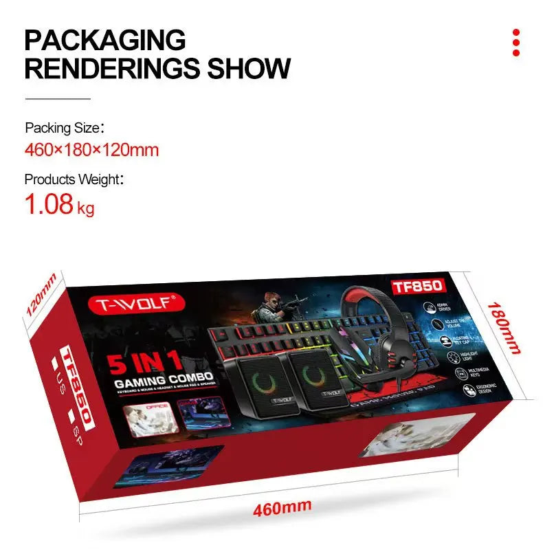 T-WOLF Thunderwolf TF880 Wired Keyboard, Mouse, Headphones and Audio Five-piece E-sports Game Enjoy Super Fast Moving Speed.