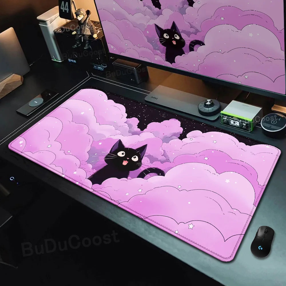 Kawaii Black Cat Mousepad Fast Delivery Keyboard Desk Mat 40x90cm Lock Edge Extend Mouse Pad Starlit Sky Office Table Protection