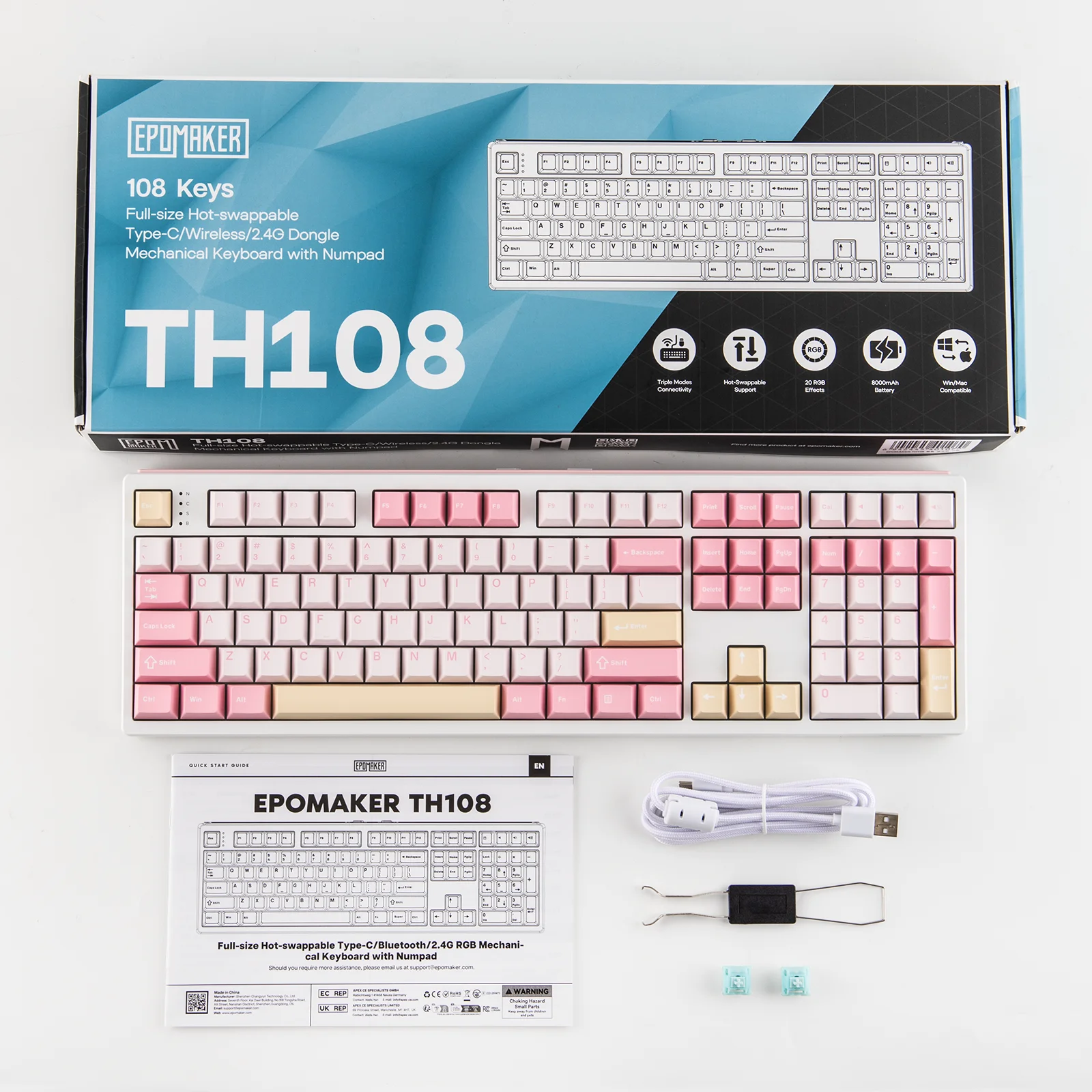 EPOMAKER TH108 100% Full Size Gasket Wired/BT/2.4Ghz Wireless NKRO Mechanical Gaming Keyboard 10000mAh Battery RGB Backlit