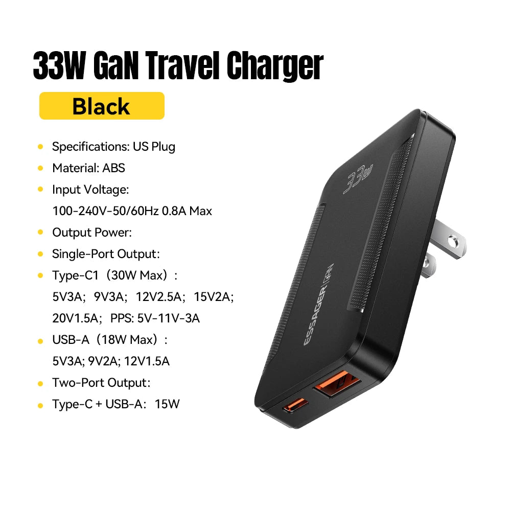 Essager Ultra Thin 65W GaN pro Travel Charger Quick Charge 4.0 PD3.0 Portable Type-C for iPhone 17 16 15Samsung MacBook Laptop