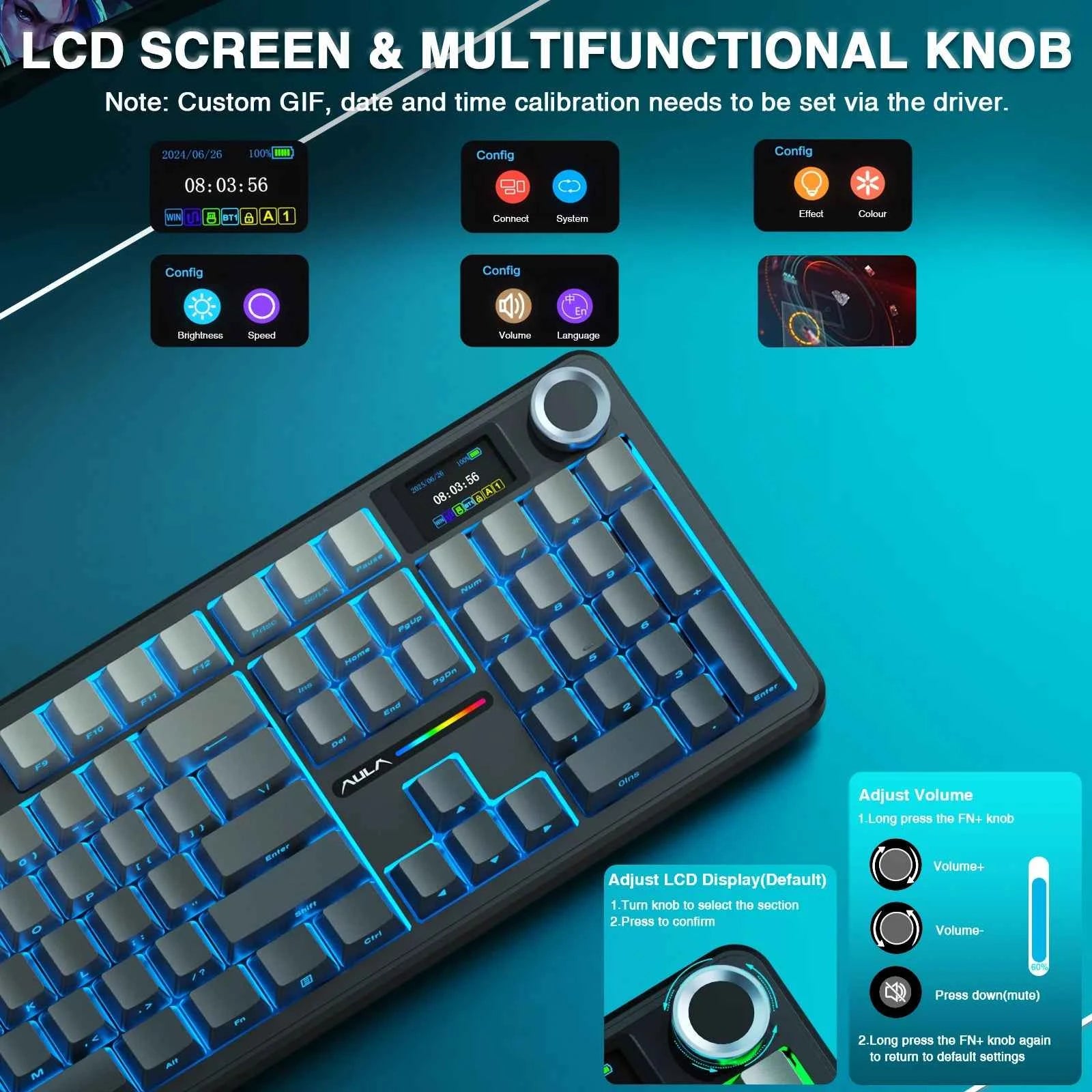 AULA F108pro Wireless Bluetooth Keyboard Macro Gaming keyboard Gasket Hot-swap Full Size Keyboard with TFT Smart Display